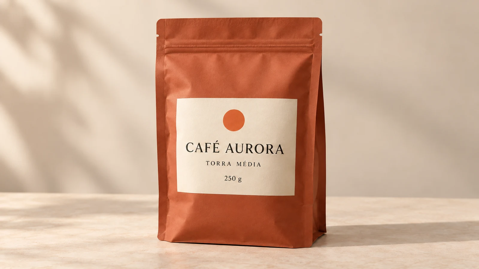 Resultado da edição do mockup fictício: rótulo Café Aurora, Torra Média, 250 g.
