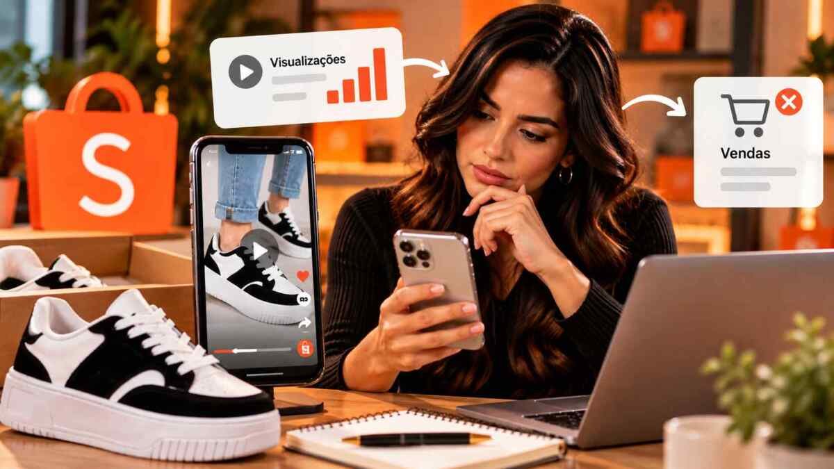 Criadora de conteúdo analisa visualizações e vendas de um vídeo de tênis na Shopee, utilizando celular e computador.