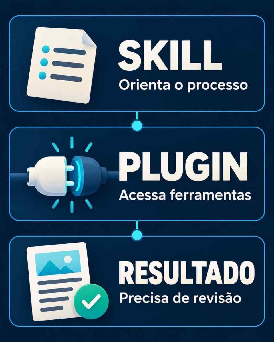Infográfico em três etapas: skill orienta o processo, plugin acessa ferramentas e resultado precisa de revisão