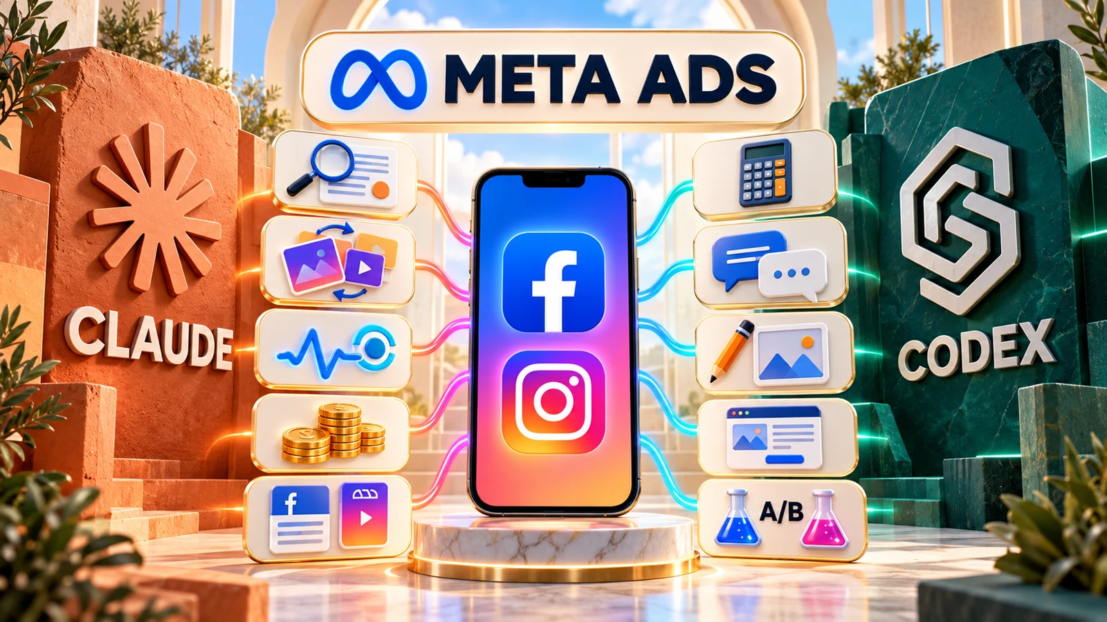 Ilustração com Claude, Codex, Facebook, Instagram e dez cartões de tarefas publicitárias.