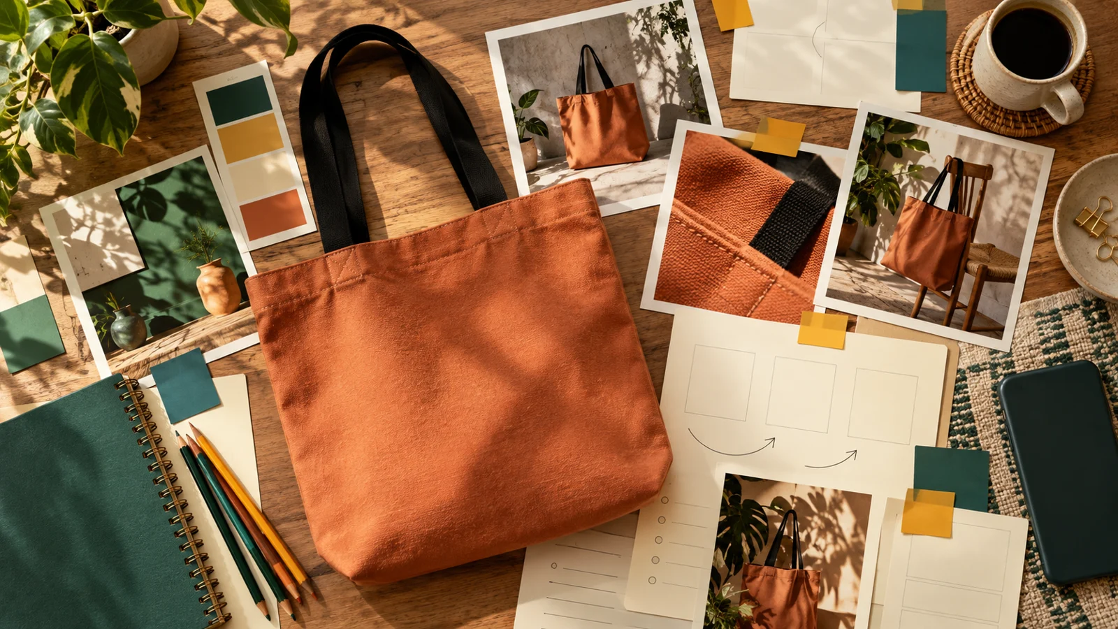 Bolsa terracota com alças pretas sobre mesa com fotografias, caderno e materiais de planejamento de conteúdo.