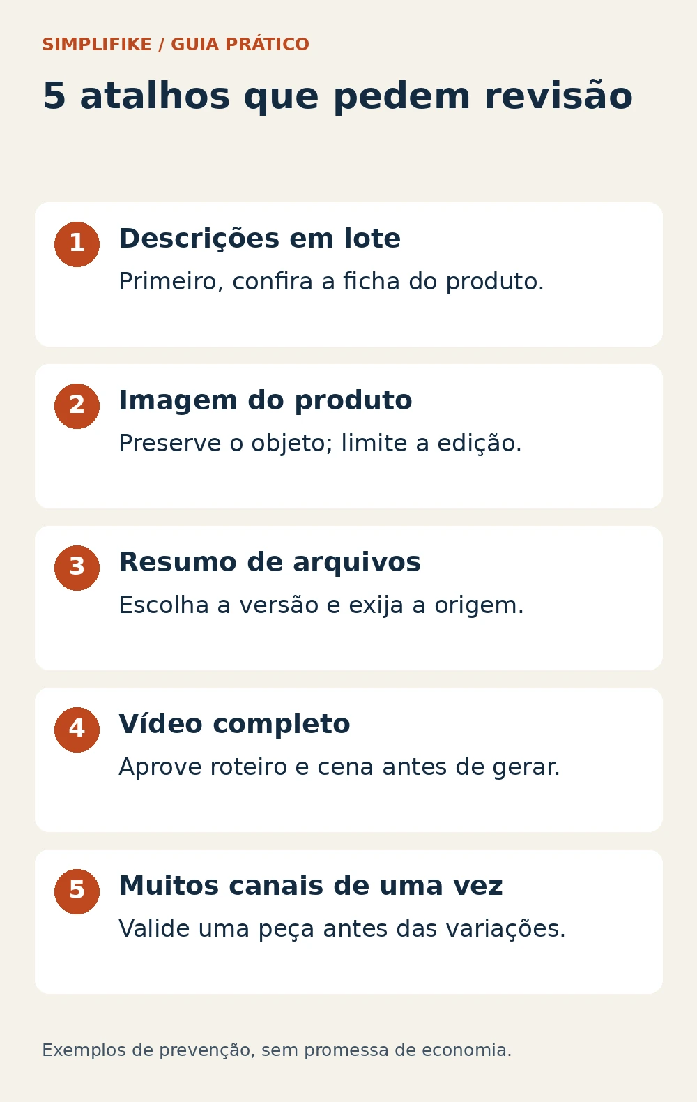 Infográfico com cinco tarefas: descrições em lote, imagem do produto, resumo de arquivos, vídeo completo e conteúdo para muitos canais, cada uma acompanhada de uma ação preventiva.