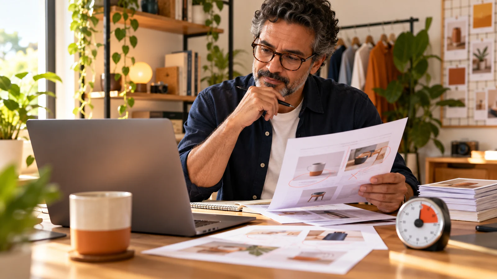Homem revisa folhas marcadas sobre uma mesa com notebook, cartões de planejamento e cronômetro.
