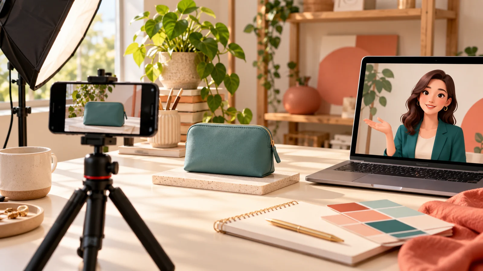 Nécessaire verde diante de celular em tripé e notebook com personagem feminina ilustrada na tela.