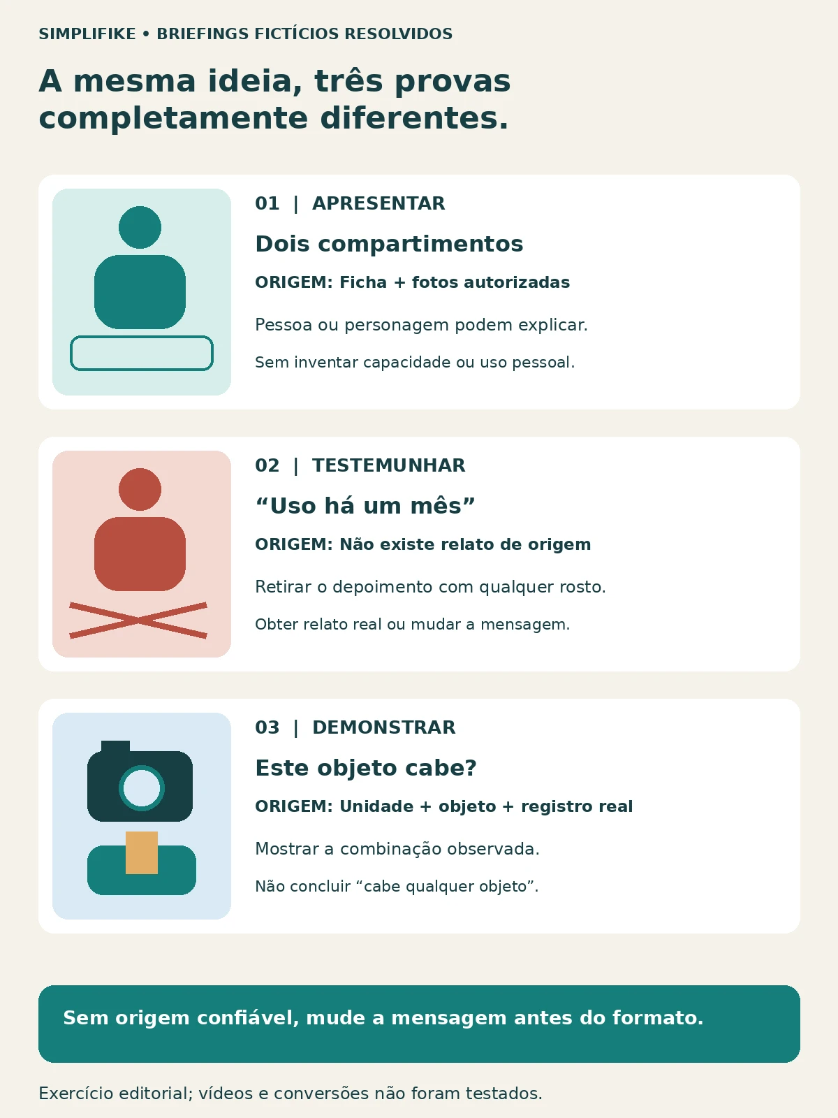 Três exemplos fictícios comparam apresentação de compartimentos, relato de um mês sem origem e demonstração de encaixe real.