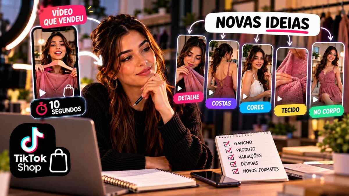 Criadora analisando como transformar um vídeo que vendeu na TikTok Shop em novas ideias de conteúdo